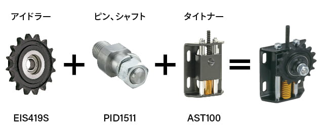 EIS419S エンプラ スプロケット アイドラー、PID1511 アイドラー ピン、AST100 オート スライド タイトナーを組み合わせたチェーン用テンショナーの例